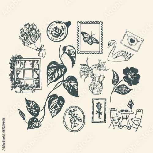 Hand Drawn Vintage Doodle Set with Romantic Floral Elements, Home Decor, Nature, and Cafe Scenes in Black and White Sketch Style for Rustic Design and Branding