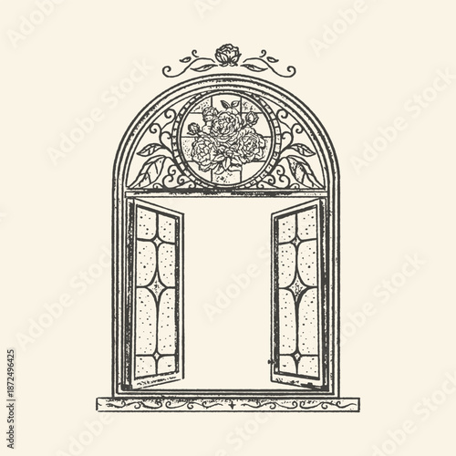 Vintage Arched Open Window with Ornate Rose and Leaf Detail Illustration in Hand-Drawn Engraving Style on a Light Background