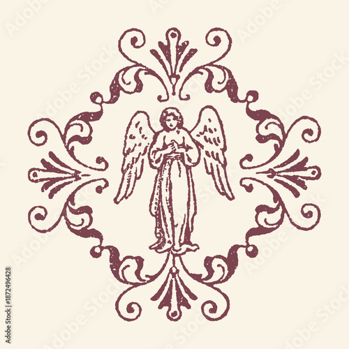 Vintage Textured Black Angel Illustration in Ornate Baroque Scrollwork Frame on Cream Background - Elegant Religious Decorative Design Element