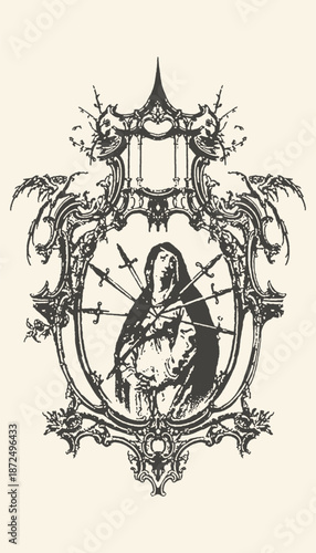Our Lady of Sorrows Mater Dolorosa Engraving: Vintage Christian Illustration of Virgin Mary with Seven Swords, Ornate Baroque Frame. Black & White Religious Art, Spiritual Symbolism.