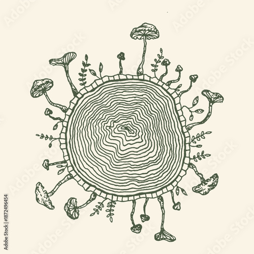 Hand-Drawn Tree Stump Cross-Section Illustration with Annual Rings, Surrounded by Whimsical Mushrooms and Botanical Foliage in Organic Woodland Style