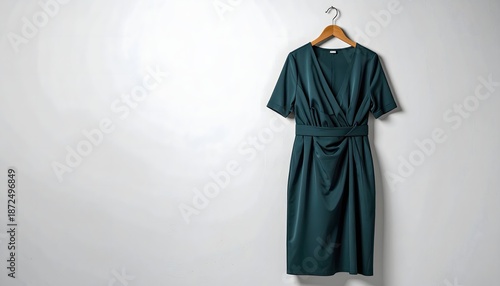 Elegant dark green dress hanging on wooden hanger against white wall