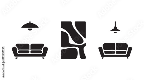 Modern Sofa Icons in Minimalist Style with Black Silhouette and Pendant Lights for Interior Design