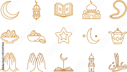 Extensive ramadan and eid al fitr golden outline symbols collection muslim religious holiday icons vector graphics