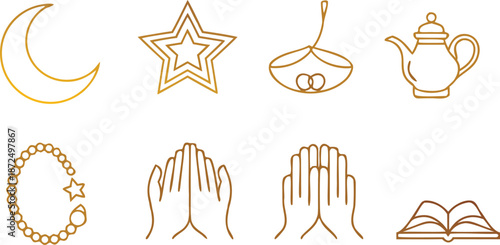 Golden ramadan line icons collection symbol set outline design elements traditional muslim culture celebration vector