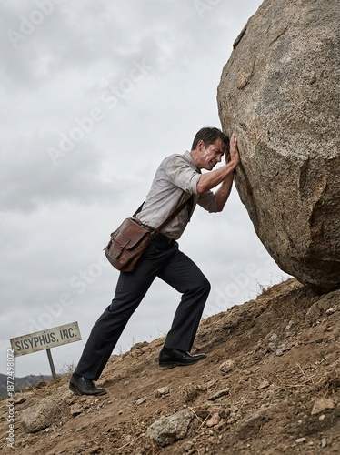 Businessman pushing massive boulder uphill like Sisyphus, struggle perseverance and endless effort business metaphor
