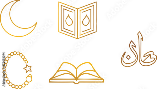 Islamic decorative golden outline elements for ramadan and eid celebrations spiritual symbols and calligraphy vector