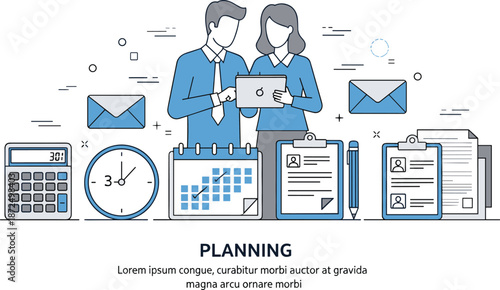 Business planning illustration with teamwork collaboration, scheduling calendar, task management, corporate strategy development, time management, and modern workflow organization concept