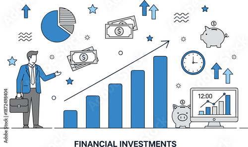 Financial investment illustration showing business growth charts, profit analysis, savings strategy, money management, wealth planning, and long term corporate financial success concept