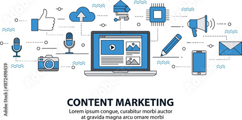 Content marketing illustration with digital media icons, online communication tools, creative strategy, social media promotion, blogging, video marketing, and modern digital marketing concept