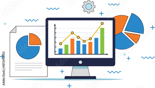 Business analytics dashboard illustration showing data visualization, charts, graphs, financial reports, growth performance, digital marketing analysis concept for corporate strategy