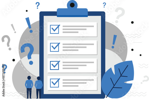 Checklist clipboard illustration with completed tasks, decision making concept, survey form, workflow management, business planning, and problem solving process