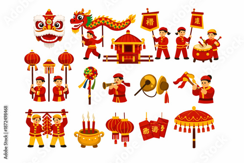 Chinese New Year Icon Pack Illustrating Ceremonial Procession Elements Flat Vector