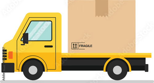 Delivery truck illustration with fragile cargo box, logistics transportation concept, shipping service, freight delivery, supply chain, and courier transport