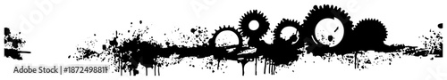 industrial mechanical gears border with black grunge ink splatters