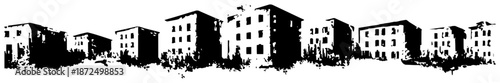 Urban city skyline with residential apartment buildings in black grunge ink style
