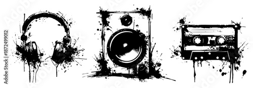 retro music audio set with headphones speaker and cassette tape in grunge style