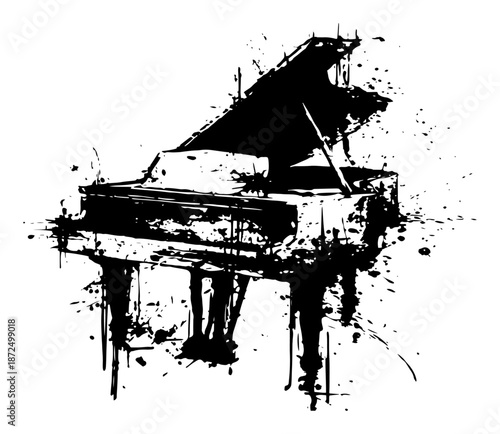 classical grand piano musical instrument sketch with artistic black grunge ink splatters