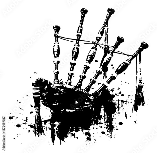 traditional scottish bagpipes wind instrument drawn with energetic black grunge ink splashes