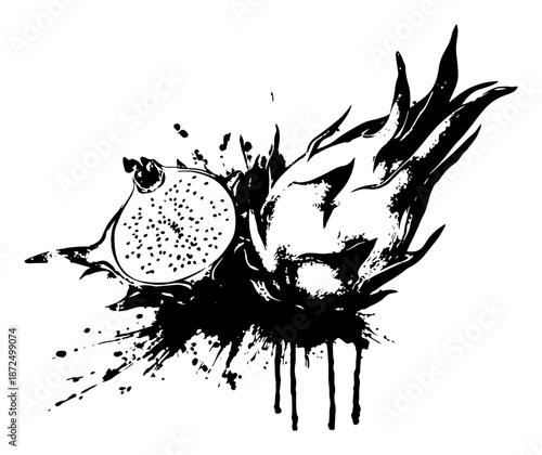 Exotic dragon fruit whole and sliced with grunge ink drips