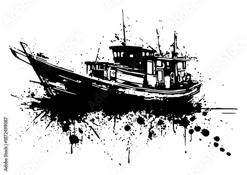 Fishing boat vessel sailing on sea in grunge ink splatter style