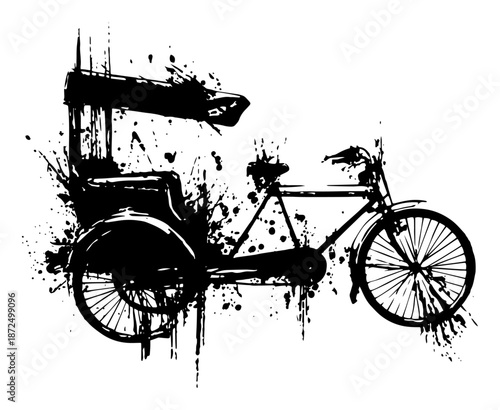 Traditional cycle rickshaw vehicle in abstract black ink grunge style