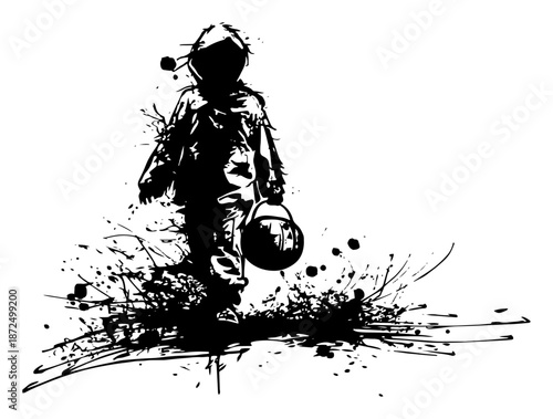 Mysterious child in hoodie holding halloween bucket with ink splashes