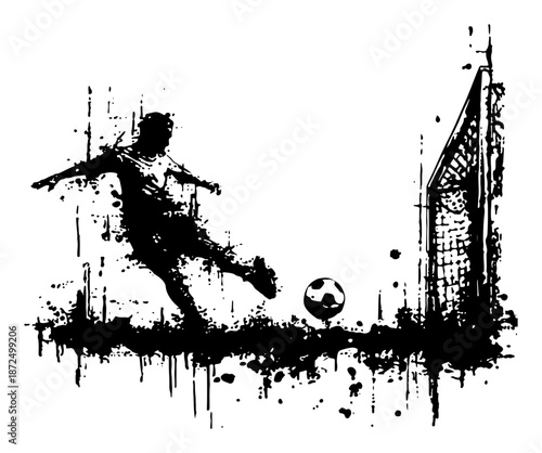 dynamic soccer player silhouette kicking ball towards goal with grunge ink splatters