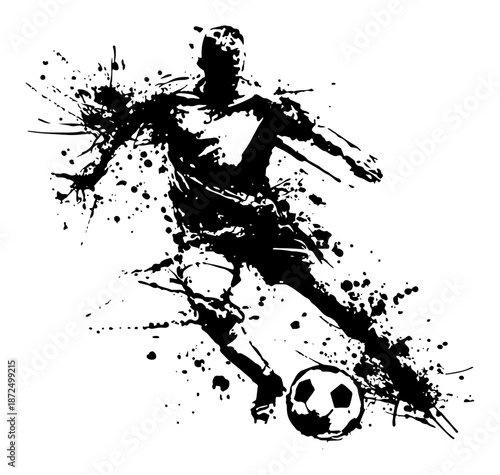 energetic football player silhouette dribbling ball with black grunge ink splatters