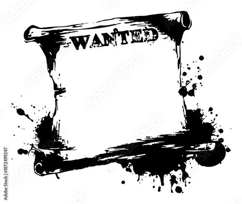 Old west wanted poster frame with black grunge ink splatters