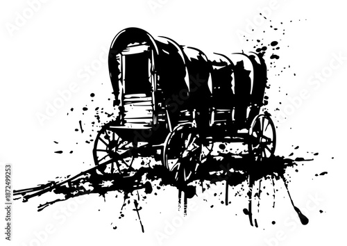 Wild west covered wagon silhouette with artistic grunge ink effects