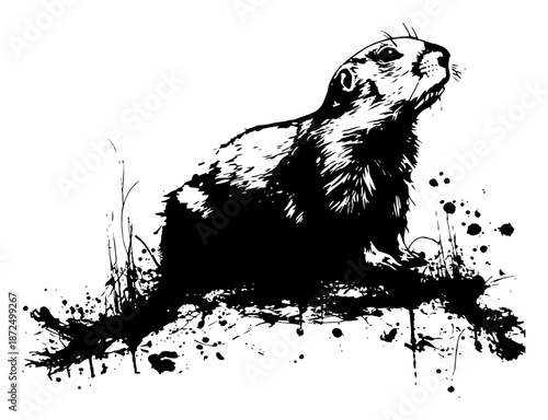 Cute prairie dog or groundhog standing in black grunge ink style