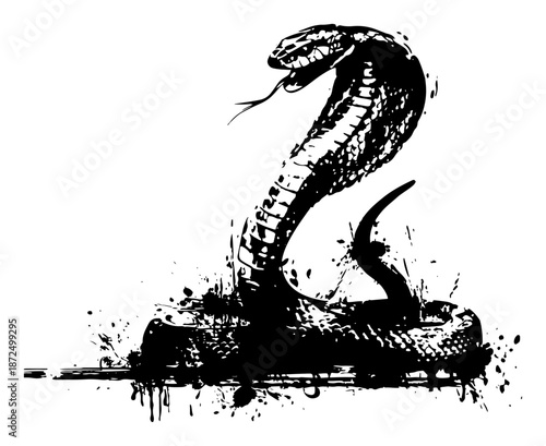 Venomous king cobra snake rising in black grunge ink splatter style