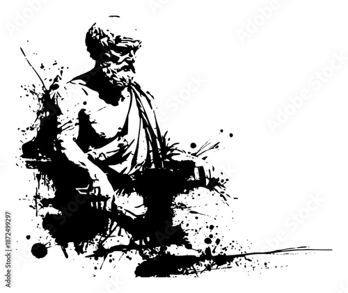 Ancient greek philosopher statue sitting in black grunge ink style