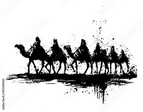 Silhouette caravan of camels crossing desert in grunge ink style