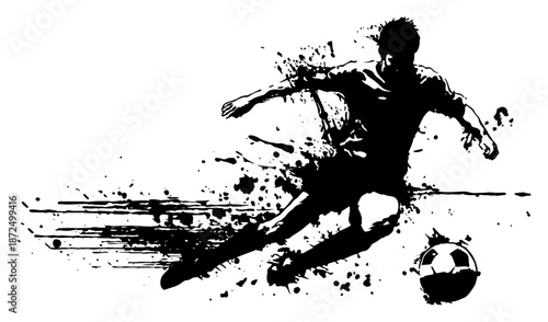 Dynamic soccer player kicking ball in black grunge ink style