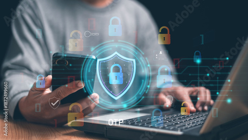 Cybersecurity and digital privacy. Person use smartphone and laptop with virtual shield, padlock icons. OTP authentication, data protection, secure login, network security and online identity safety.