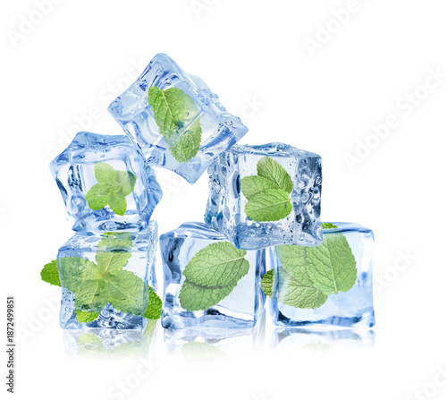 Fresh mint leaves in ice cubes isolated on white