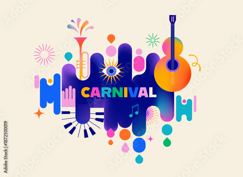 Colorful carnival and music festival poster and banner with abstract musical instruments
