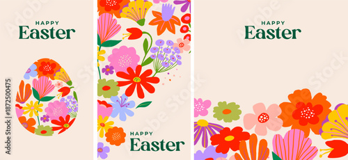 Cute Easter vertical banners with rabbits and colorful spring flowers. Playful folk art style with floral elements.