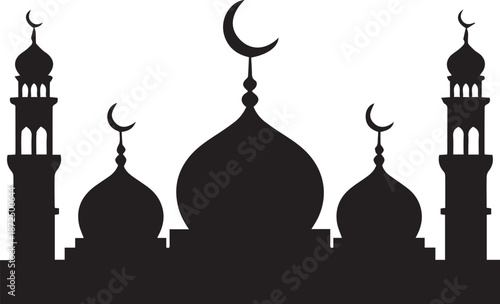 Islamic Mosque Silhouette with Crescent Moon Vector Illustration, Ramadan and Eid Black and White Skyline