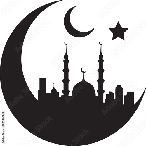 Islamic Skyline Silhouette: A serene silhouette portrays a crescent moon, star and mosque, embodying peace, spirituality, and cultural identity. It is an image to evoke feelings and inspiration