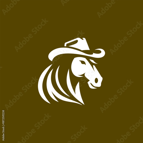 Stylish cowboy horse head logo featuring western hat, elegant flat vector emblem