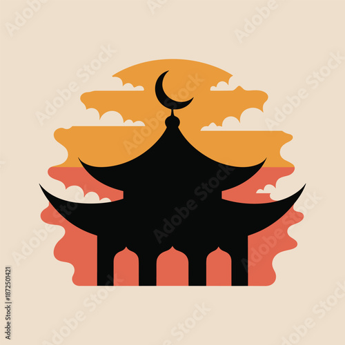 A serene mosque silhouette is set against the warm hues of a sunset, topped with a crescent moon, evoking a sense of tranquility and spiritual reverence.
