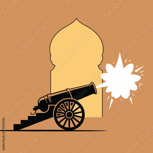 An illustrated cannon fires, with a silhouette of an ancient architectural archway acting as a backdrop