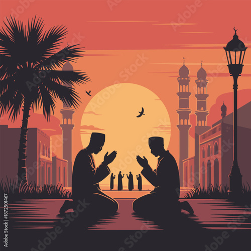 A captivating silhouette of devoted Muslims offering prayers against the backdrop of a radiant sunset, evoking a sense of tranquility and spiritual devotion. 
