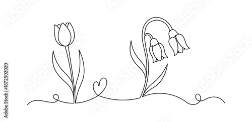 Minimalist Line Art of Two Flowers Connected by Heart in Black and White