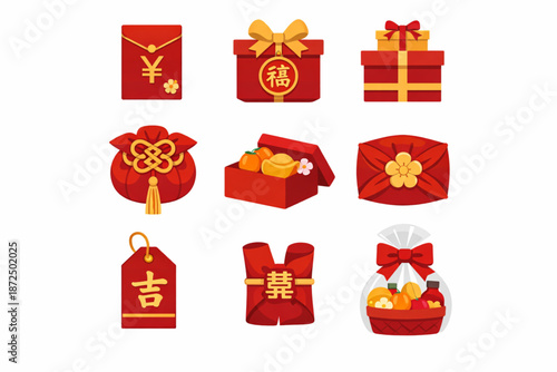 Chinese New Year Icon Set Focused on Ceremonial Gift Wrapping Elements Flat Design