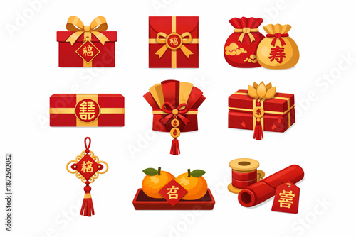 Chinese New Year Icon Set Focused on Ceremonial Gift Wrapping Elements Flat Design