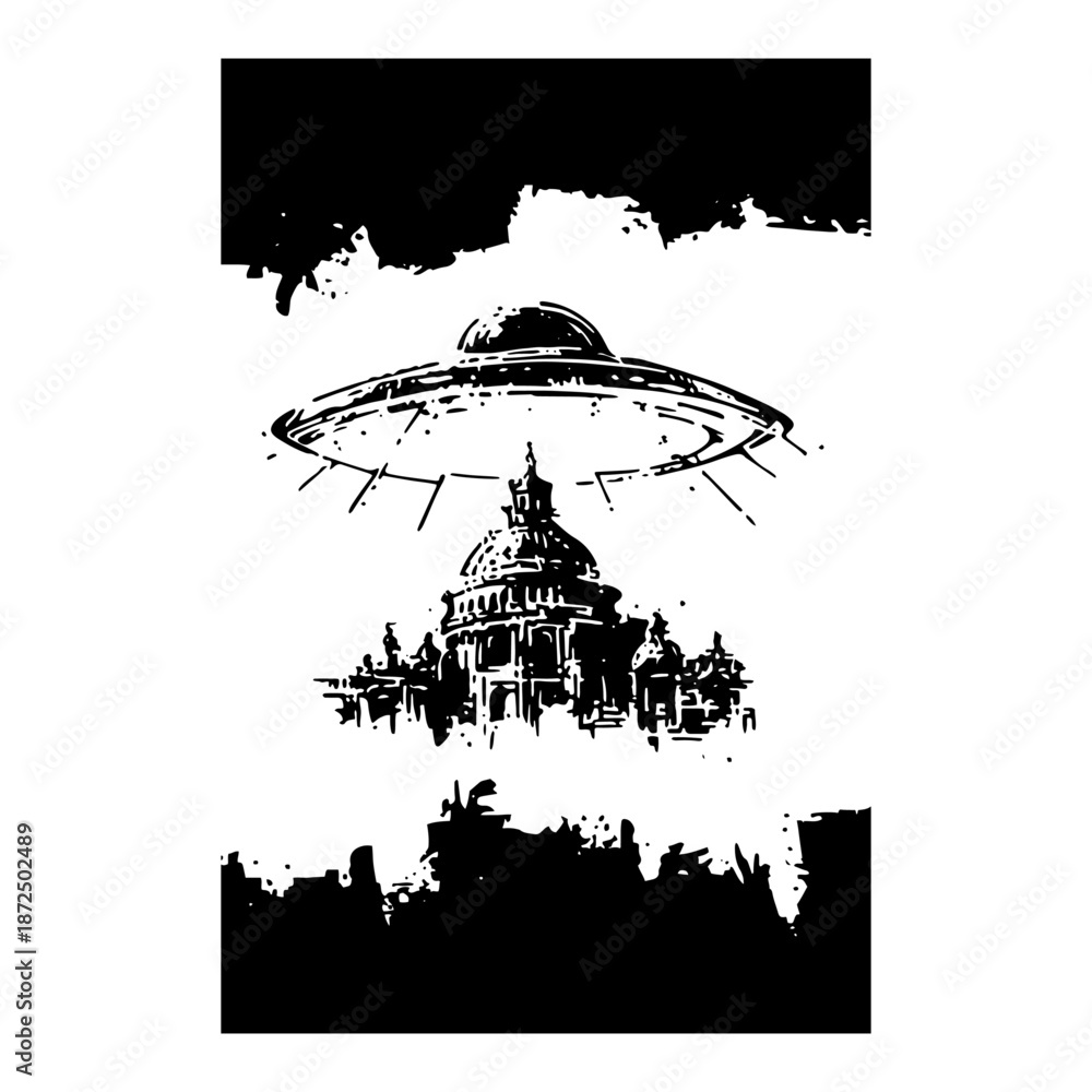 Fototapeta premium Sci-fi ink sketch of a UFO flying saucer hovering over an ancient cathedral dome